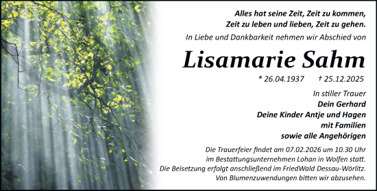 Traueranzeige von Lisamarie Sahm von Trauerkombi Bitterfeld