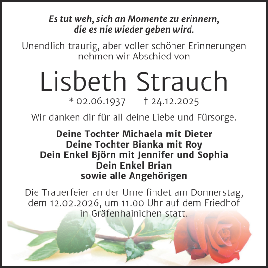 Traueranzeige von Lisbeth Strauch von Trauerkombi Wittenberg