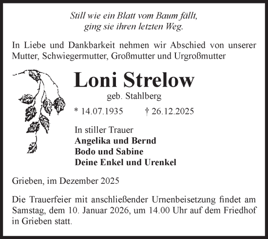 Traueranzeige von Loni Strelow von Volksstimme Altmark Ost