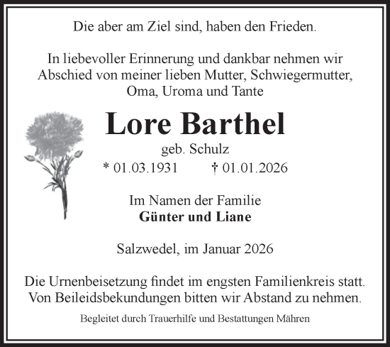 Traueranzeige von Lore Barthel von Volksstimme Altmark West