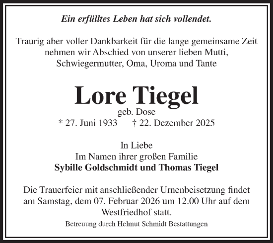 Traueranzeige von Lore Tiegel von Volksstimme Magdeburg