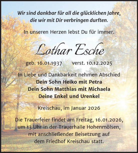 Traueranzeige von Lothar Esche von Trauerkombi Weißenfels