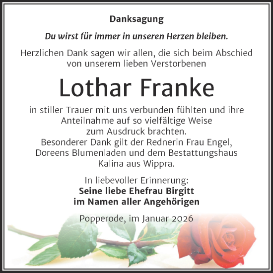 Traueranzeige von Lothar Franke von Trauerkombi Mansfelder Land