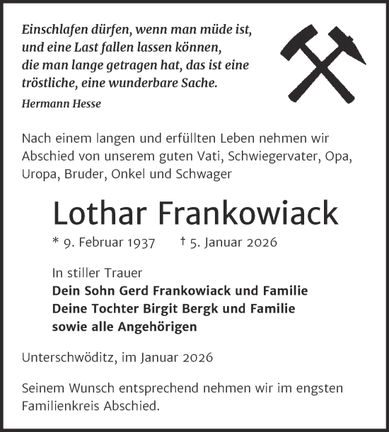 Traueranzeige von Lothar Frankowiack von Trauerkombi Zeitz