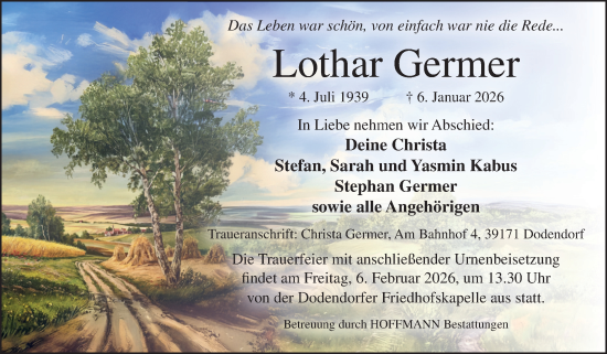 Traueranzeige von Lothar Germer von Volksstimme Oschersleben/Wanzleben