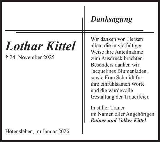 Traueranzeige von Lothar Kittel von Volksstimme Oschersleben/Wanzleben