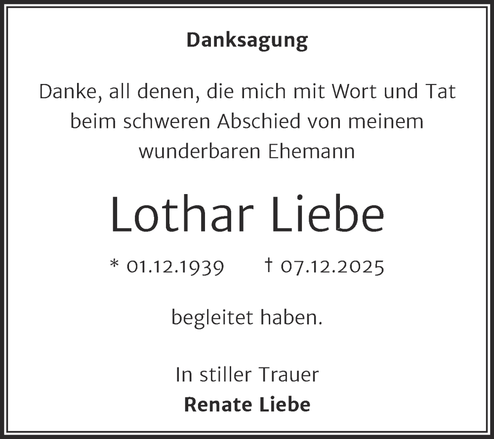  Traueranzeige für Lothar Liebe vom 10.01.2026 aus Trauerkombi Sangerhausen