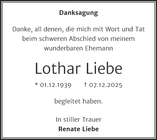 Traueranzeige von Lothar Liebe von Trauerkombi Sangerhausen
