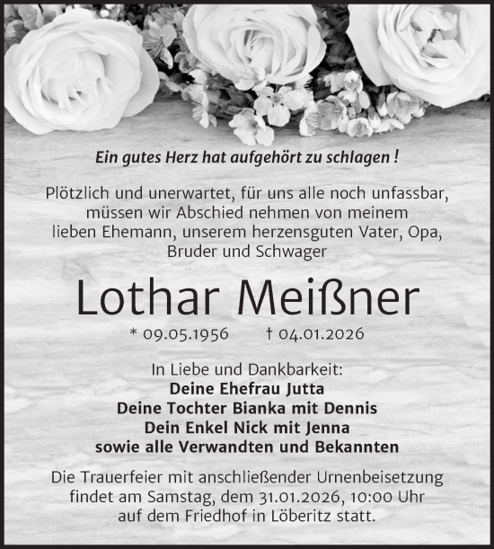 Traueranzeige von Lothar Meißner von Trauerkombi Bitterfeld