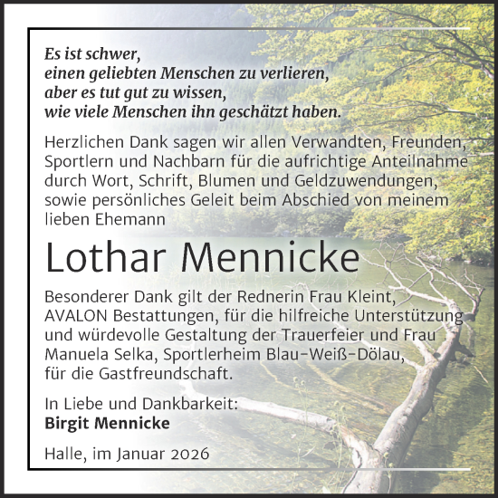 Traueranzeige von Lothar Mennicke von Mitteldeutsche Zeitung Halle/Saalkreis