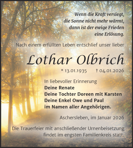Traueranzeige von Lothar Olbrich von Mitteldeutsche Zeitung Aschersleben