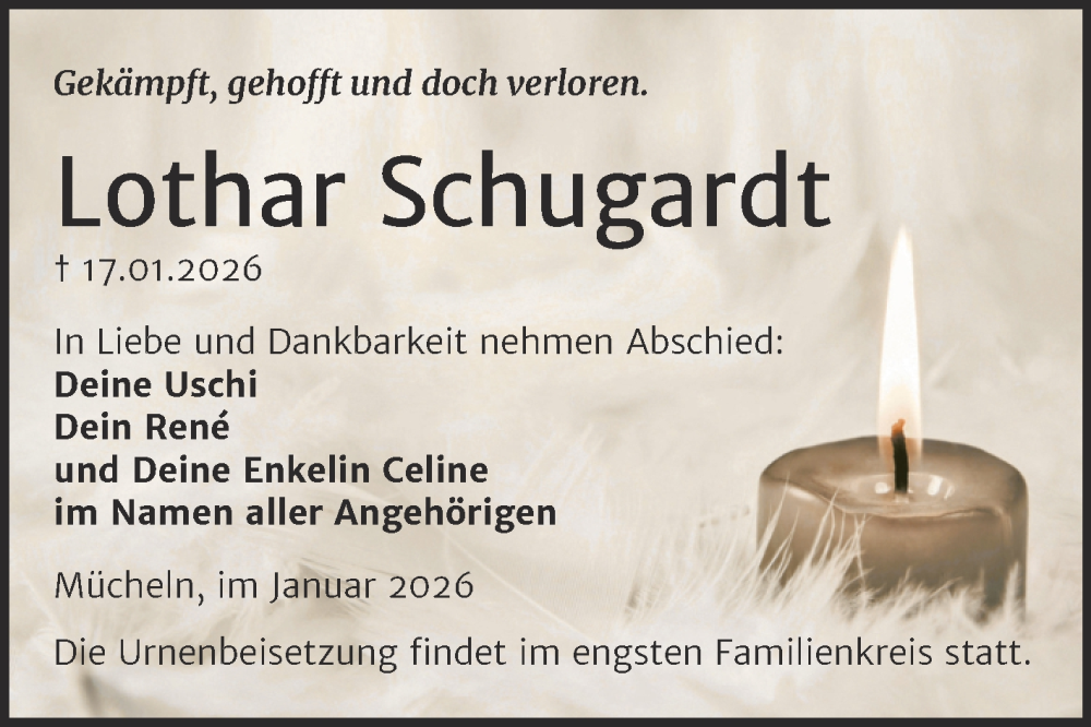  Traueranzeige für Lothar Schugardt vom 24.01.2026 aus Trauerkombi Merseburg