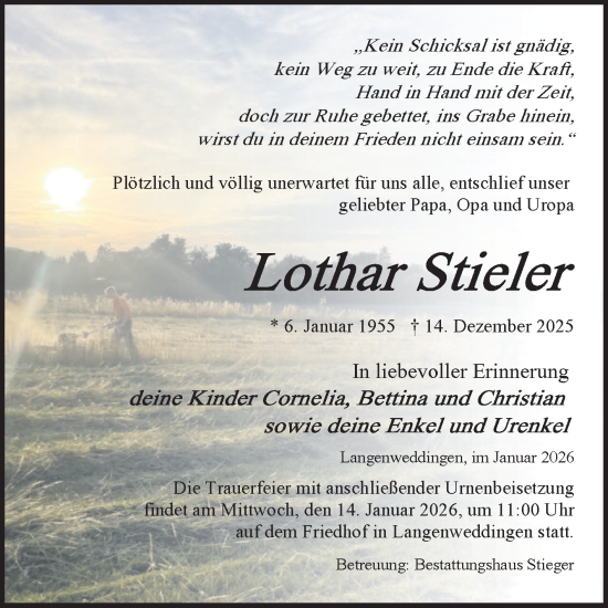 Traueranzeige von Lothar Stieler von Volksstimme Oschersleben/Wanzleben
