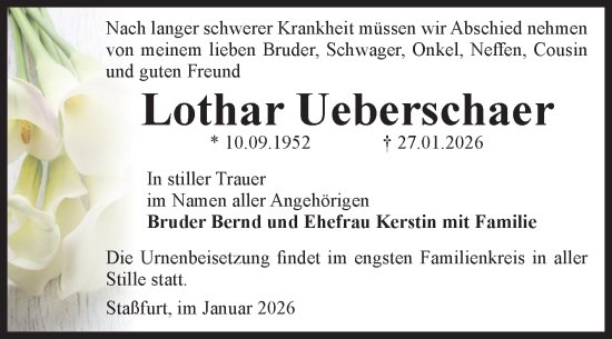 Traueranzeige von Lothar Ueberschaer von Volksstimme Staßfurt