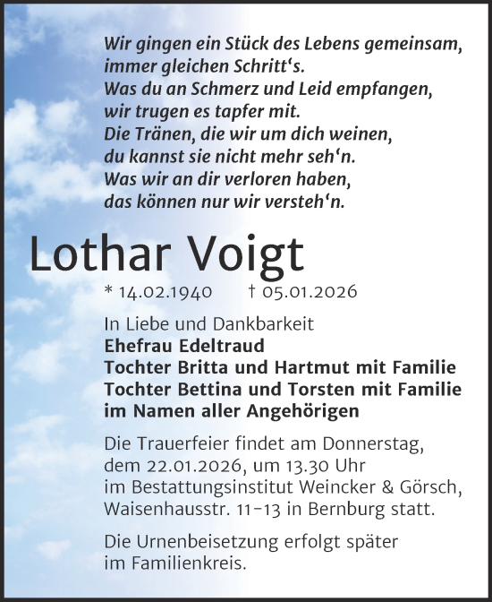 Traueranzeige von Lothar Voigt von Trauerkombi Bernburg