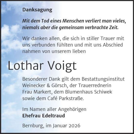 Traueranzeige von Lothar Voigt von Trauerkombi Bernburg