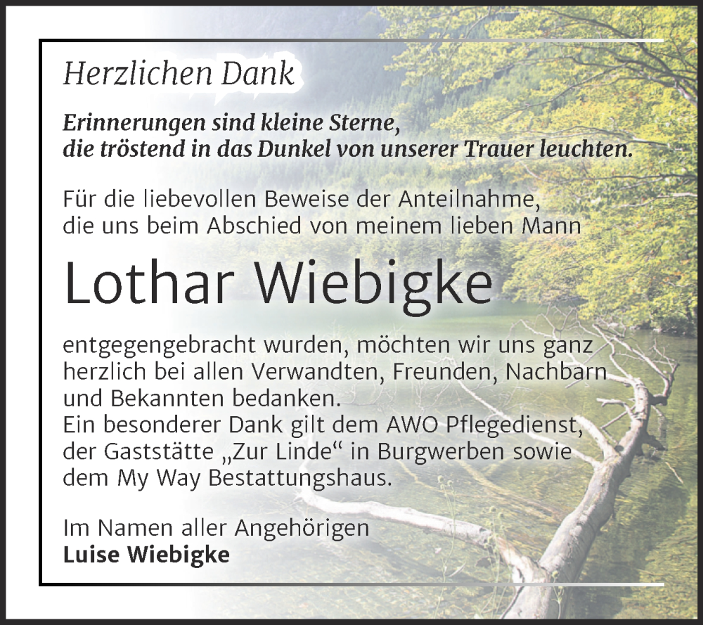  Traueranzeige für Lothar Wiebigke vom 10.01.2026 aus Trauerkombi Weißenfels