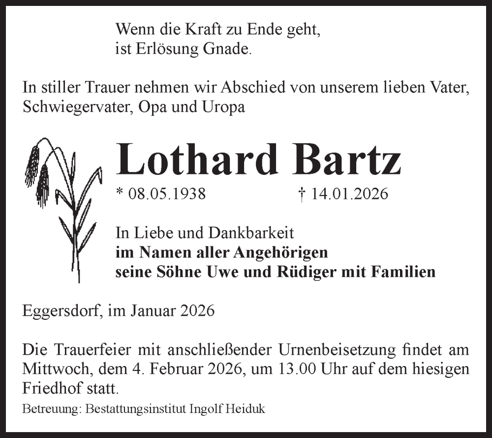  Traueranzeige für Lothard Bartz vom 17.01.2026 aus Volksstimme Schönebeck