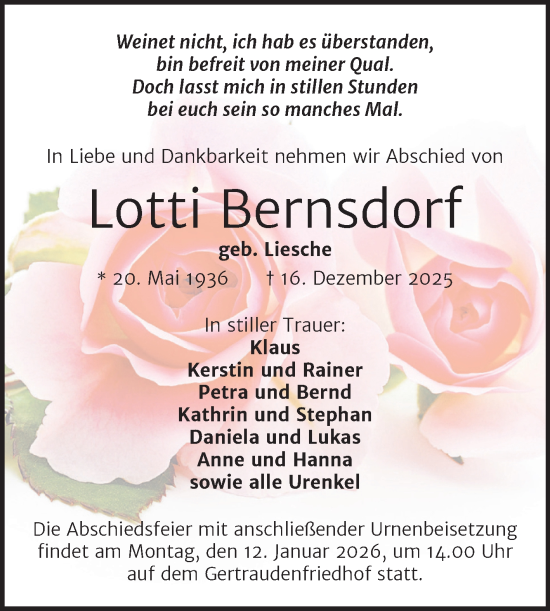Traueranzeige von Lotti Bernsdorf von Mitteldeutsche Zeitung Halle/Saalkreis