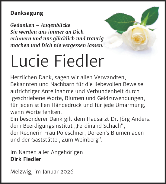 Traueranzeige von Lucie Fiedler von Trauerkombi Wittenberg