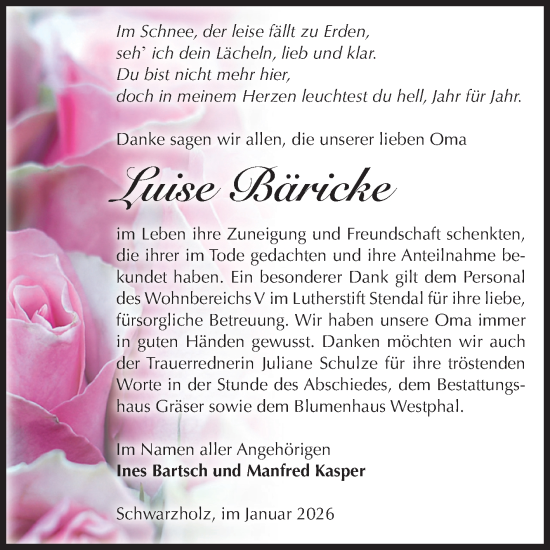 Traueranzeige von Luise Bäricke von Volksstimme Altmark Ost