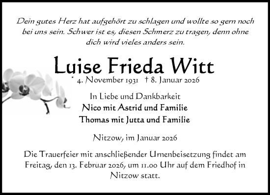Traueranzeige von Luise Frieda Witt von Volksstimme Altmark Ost