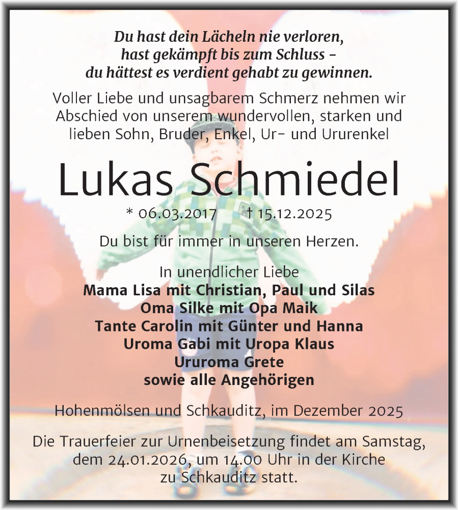  Traueranzeige für Lukas Schmiedel vom 10.01.2026 aus Trauerkombi Weißenfels