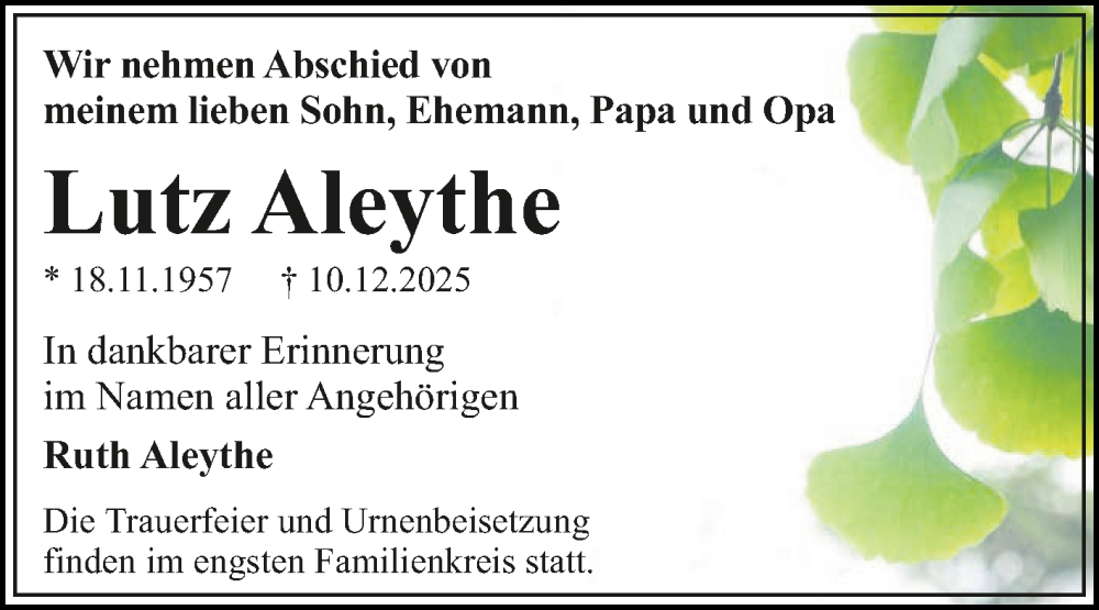  Traueranzeige für Lutz Aleythe vom 03.01.2026 aus Trauerkombi Dessau