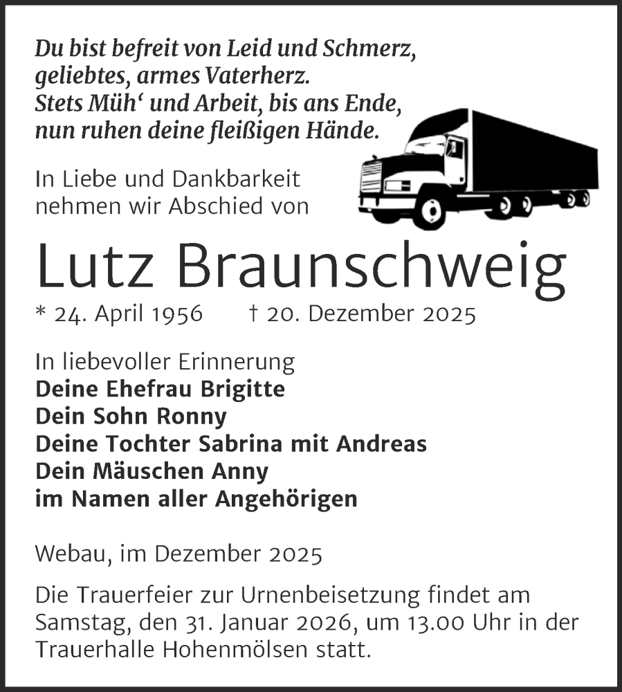  Traueranzeige für Lutz Braunschweig vom 17.01.2026 aus Trauerkombi Weißenfels
