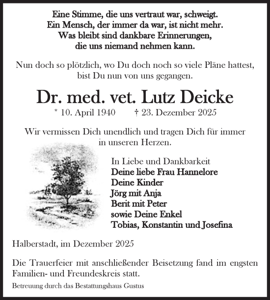 Traueranzeige von Lutz Deicke von Volksstimme Halberstadt