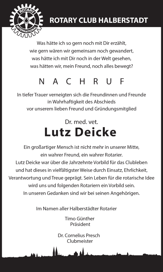 Traueranzeige von Lutz Deicke von Volksstimme Halberstadt