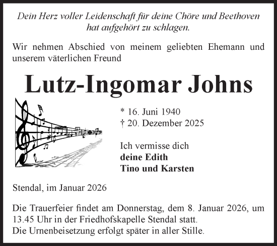 Traueranzeige von Lutz-Ingomar Johns von Volksstimme Altmark Ost
