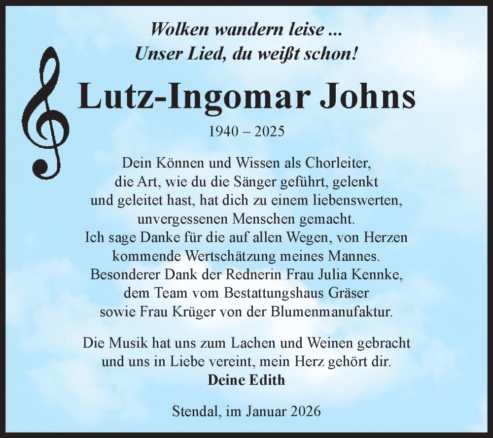  Traueranzeige für Lutz-Ingomar Johns vom 24.01.2026 aus Volksstimme Altmark Ost