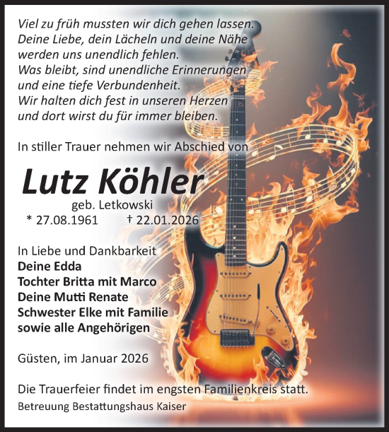 Traueranzeige von Lutz Köhler von Volksstimme Staßfurt