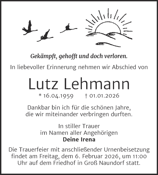 Traueranzeige von Lutz Lehmann von Trauerkombi Wittenberg