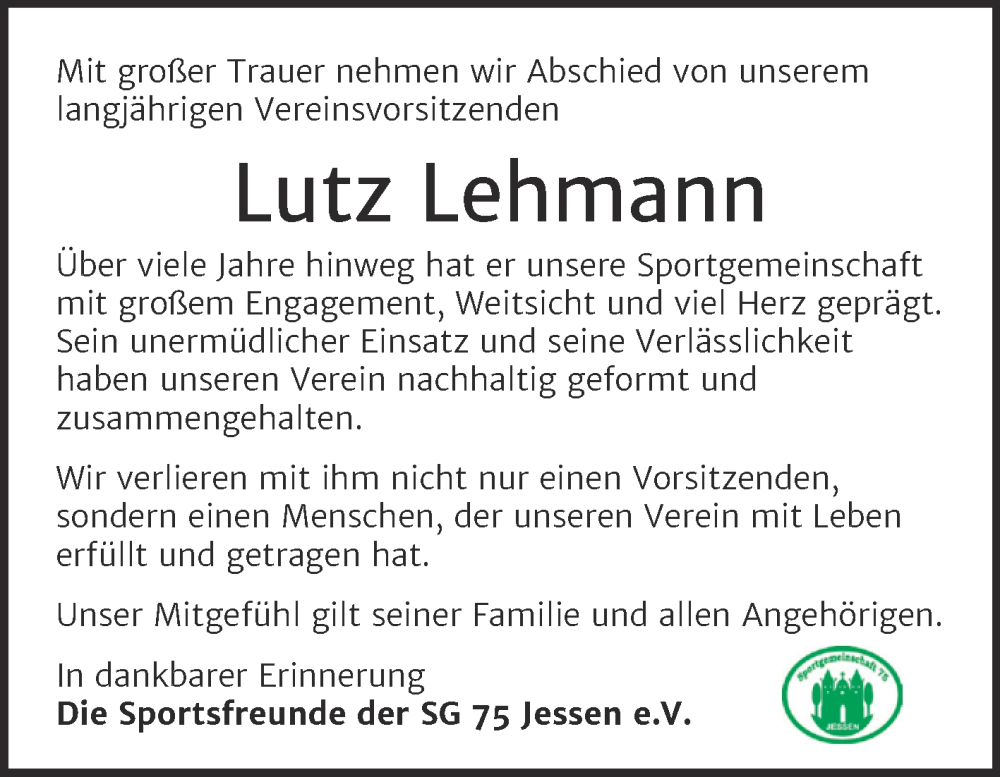  Traueranzeige für Lutz Lehmann vom 24.01.2026 aus Trauerkombi Wittenberg
