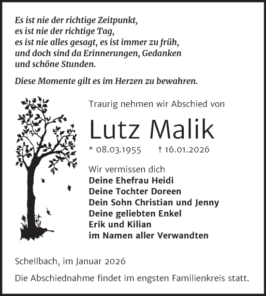 Traueranzeige von Lutz Malik von Trauerkombi Zeitz