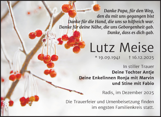 Traueranzeige von Lutz Meise von Trauerkombi Wittenberg