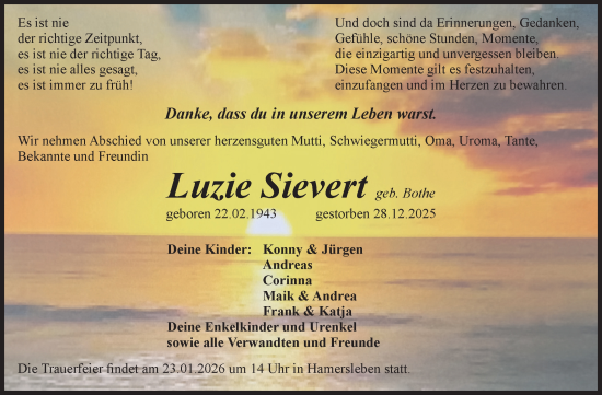 Traueranzeige von Luzie Sievert von Volksstimme Oschersleben/Wanzleben