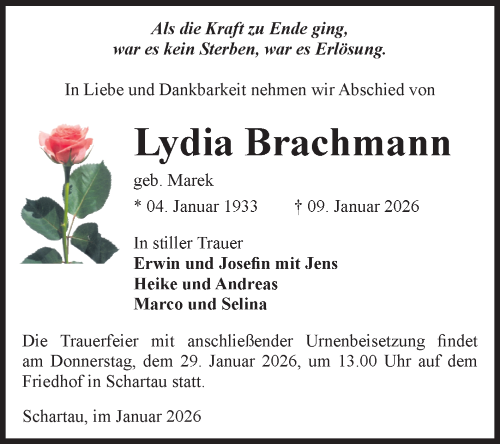  Traueranzeige für Lydia Brachmann vom 17.01.2026 aus 