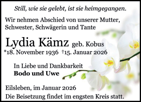 Traueranzeige von Lydia Kamz von Volksstimme Oschersleben/Wanzleben