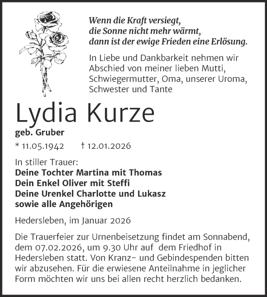 Traueranzeige von Lydia Kurze von Trauerkombi Mansfelder Land