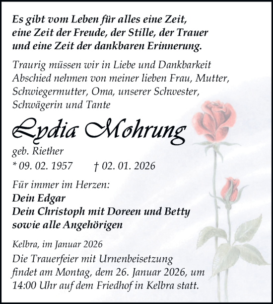 Traueranzeige von Lydia Mohrung von Trauerkombi Sangerhausen