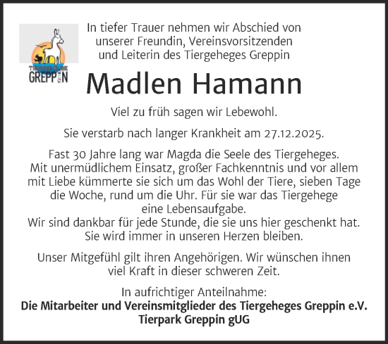 Traueranzeige von Madlen Hamann von Trauerkombi Bitterfeld
