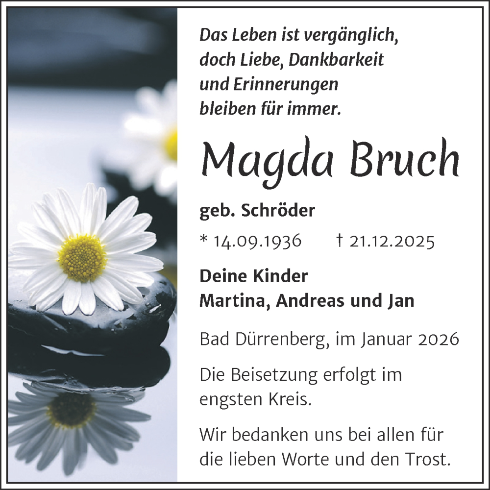  Traueranzeige für Magda Bruch vom 03.01.2026 aus Trauerkombi Merseburg