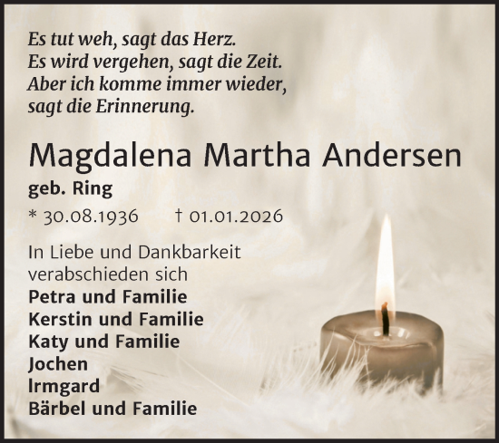 Traueranzeige von Magdalena Martha Andersen von Trauerkombi Wittenberg