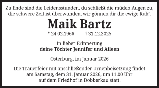 Traueranzeige von Maik Bartz von Volksstimme Altmark Ost