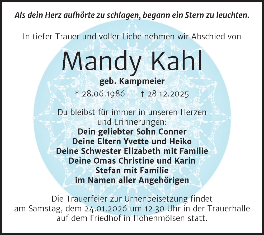  Traueranzeige für Mandy Kahl vom 17.01.2026 aus Trauerkombi Weißenfels