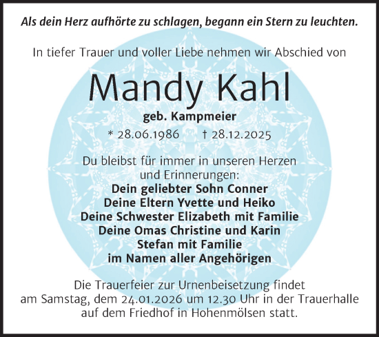 Traueranzeige von Mandy Kahl von Trauerkombi Weißenfels
