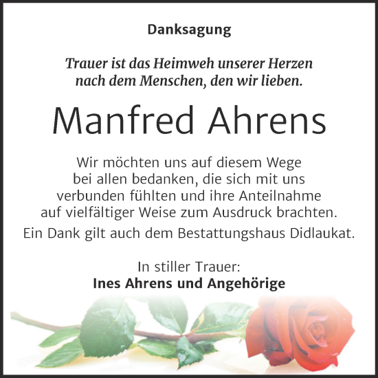 Traueranzeige von Manfred Ahrens von Trauerkombi Quedlinburg